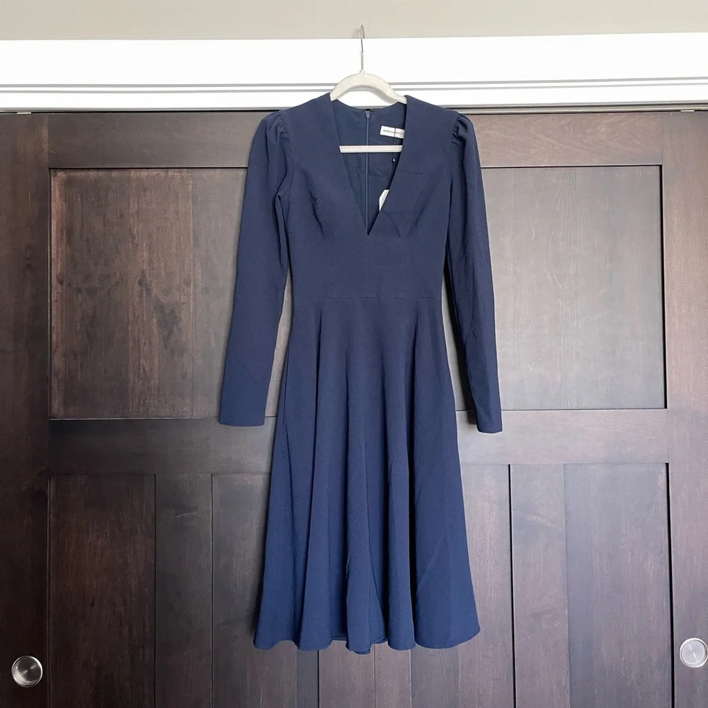 Dress the Population Catrine Fit & Flare Stretch Crepe Midi Dress in Navy XS